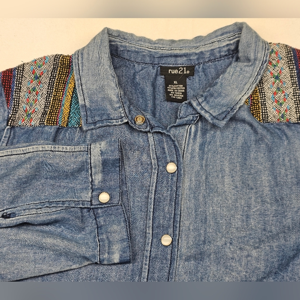 Rue21 Blue Denim Shirt with Multicolor‎ Embroidered Accents